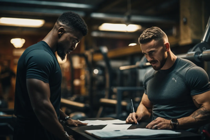 Entrenador y cliente revisando el plan de entrenamiento para mejorar el rendimiento y evitar lesiones
