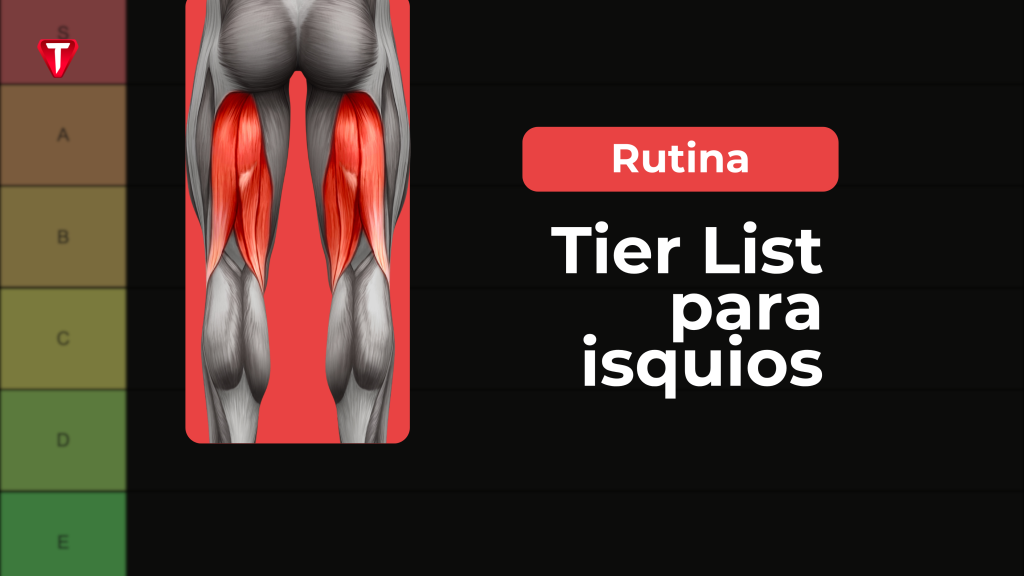 Ilustración de la parte posterior de las piernas con los isquiosurales resaltados y texto “Tier List para isquios”.